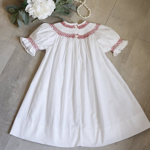 Strasburg Smocked White Bishop with Red & Green Embroidery RARE FIND 9/12 Months - Picture 5 of 6